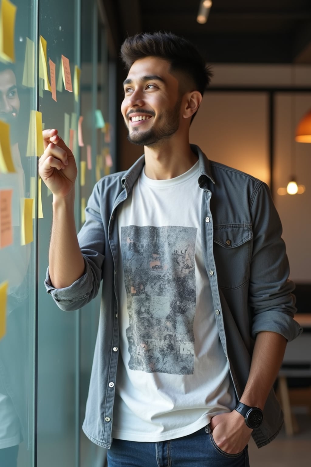 creative man dressed in trendy graphic tee under open shirt  brainstorming with sticky notes on glass wall, modern startup space, casual smart outfit