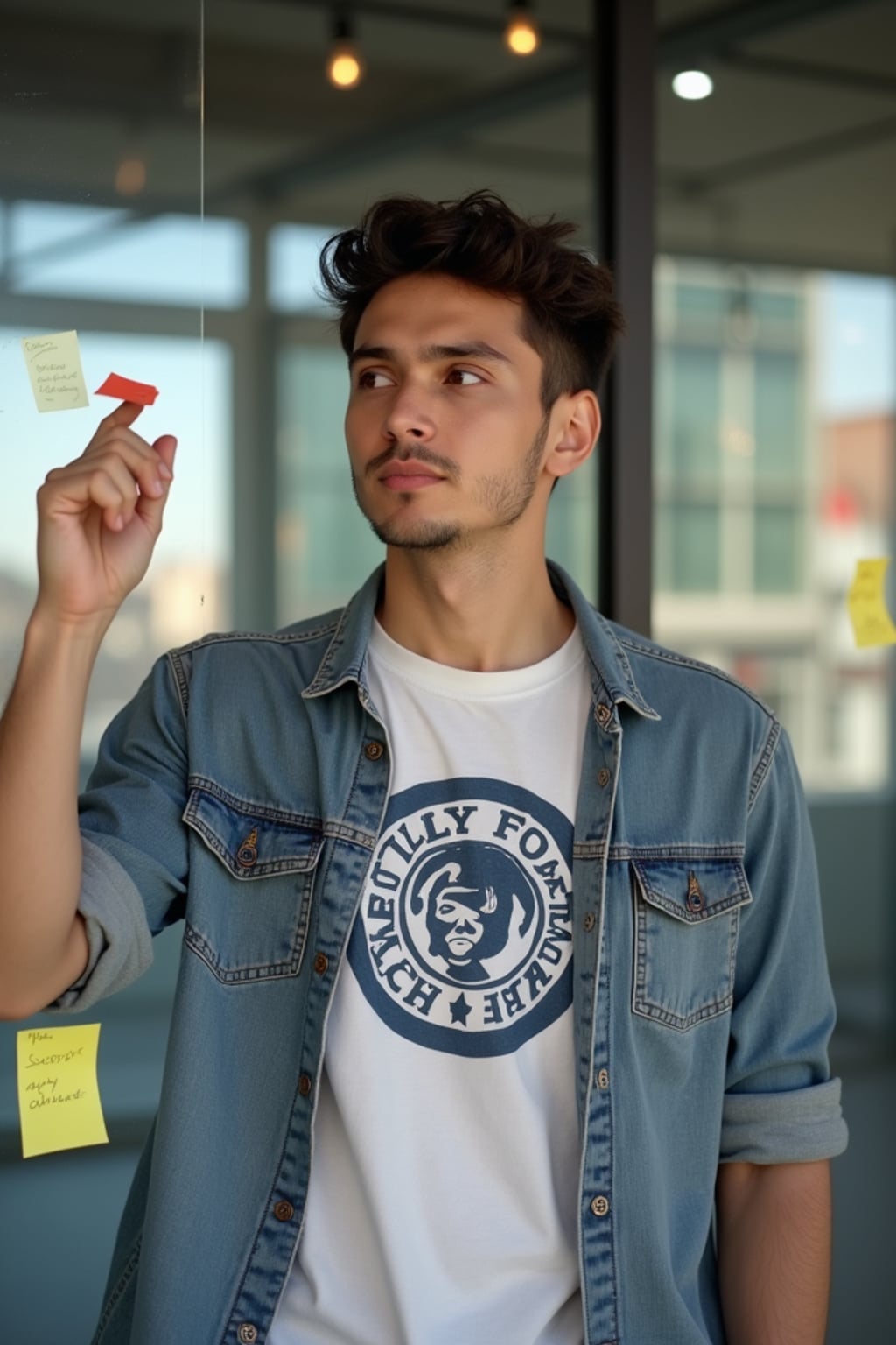 creative man dressed in trendy graphic tee under open shirt  brainstorming with sticky notes on glass wall, modern startup space, casual smart outfit