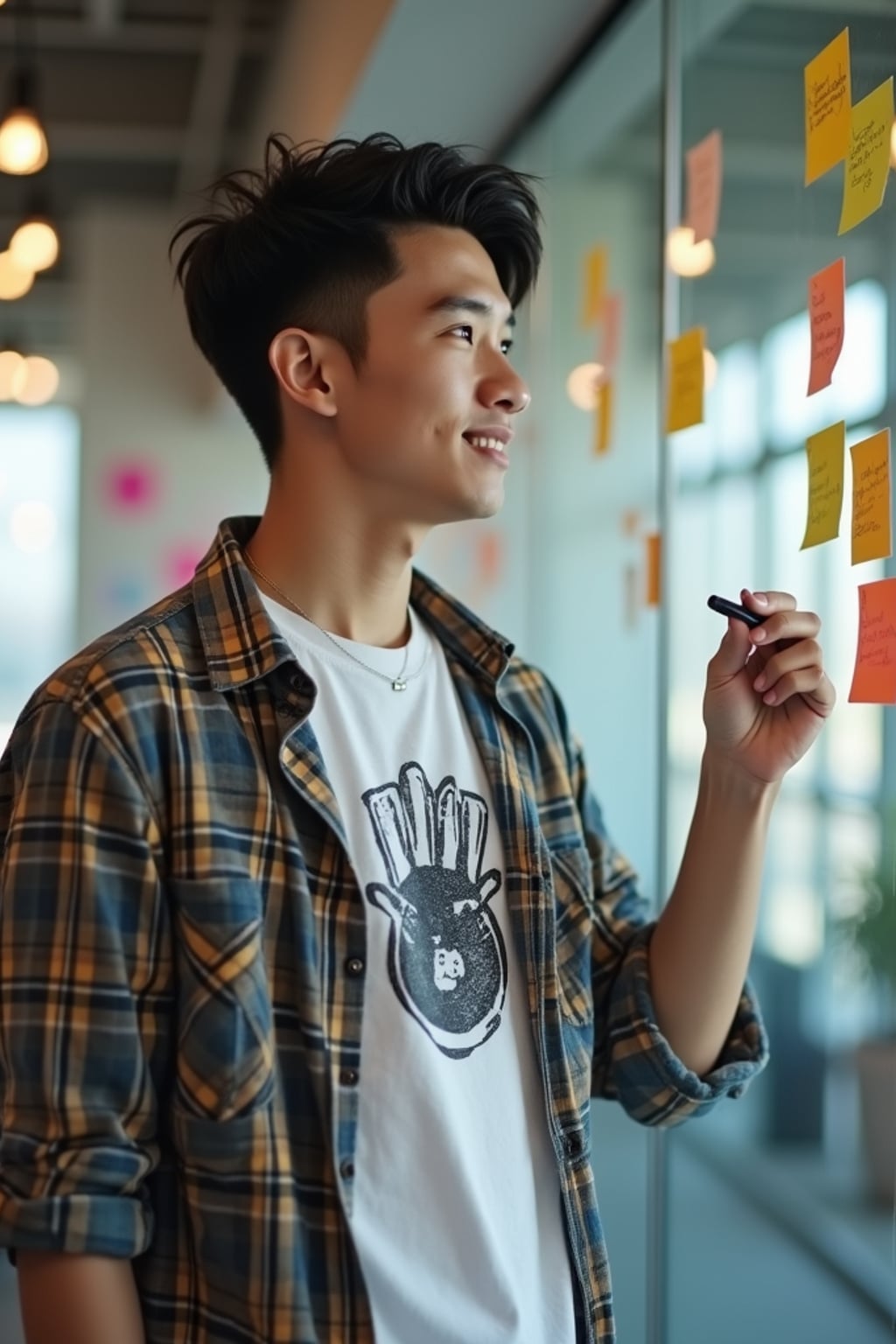 creative man dressed in trendy graphic tee under open shirt  brainstorming with sticky notes on glass wall, modern startup space, casual smart outfit