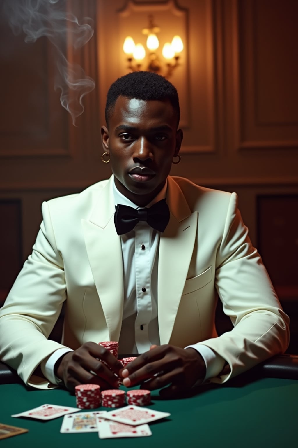 man at a glamorous casino table, wearing  a white dinner jacket with black bow tie, surrounded by playing cards and chips, dramatic overhead lighting, cigarette smoke swirling, classic film noir composition
