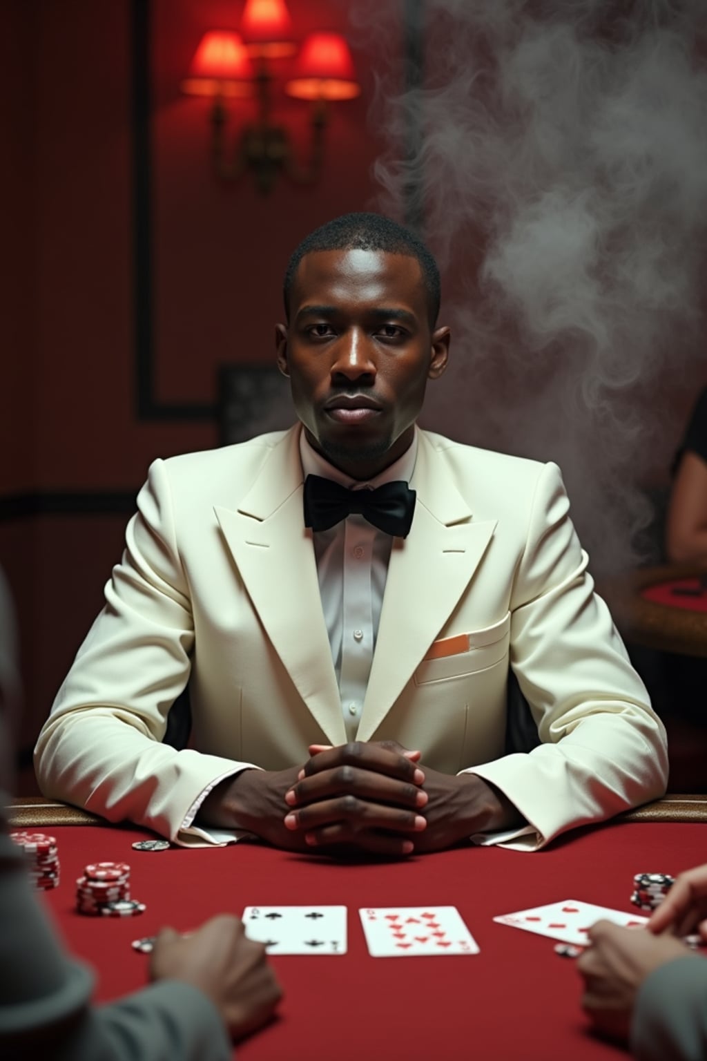 man at a glamorous casino table, wearing  a white dinner jacket with black bow tie, surrounded by playing cards and chips, dramatic overhead lighting, cigarette smoke swirling, classic film noir composition