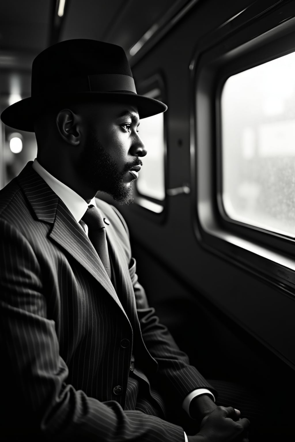 man in a vintage train compartment, wearing  a pinstriped suit with fedora, looking pensively out the window, dramatic shadows from passing lights, mysterious atmosphere, high-contrast black and white photography