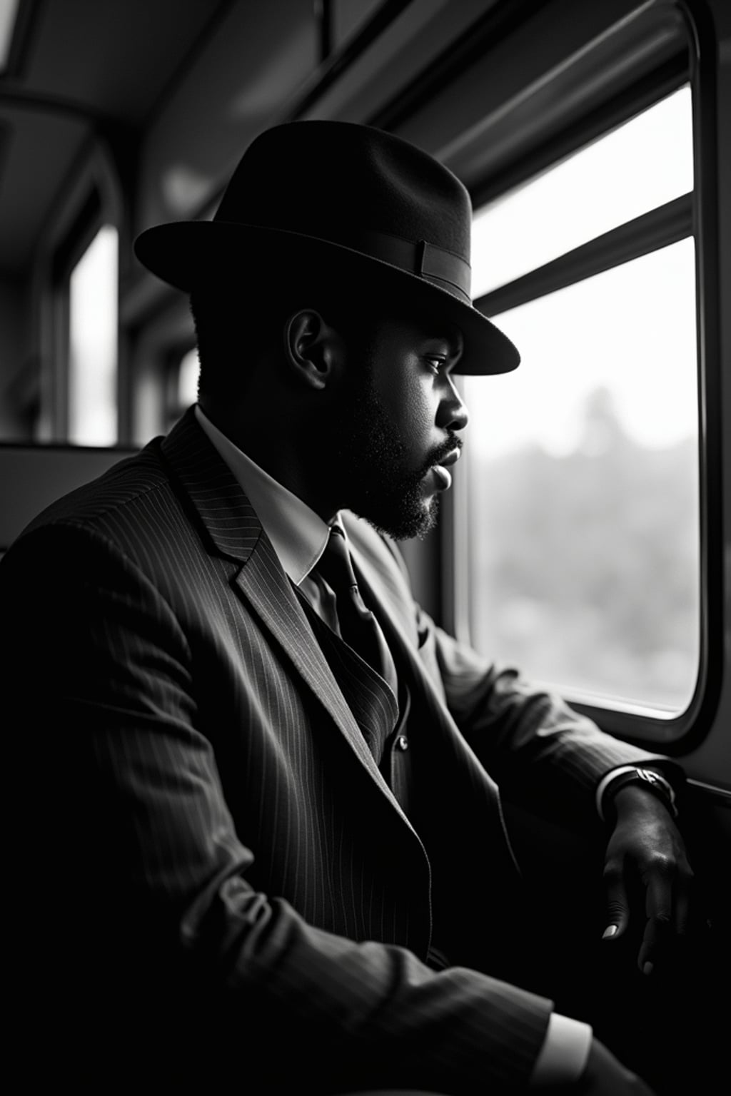 man in a vintage train compartment, wearing  a pinstriped suit with fedora, looking pensively out the window, dramatic shadows from passing lights, mysterious atmosphere, high-contrast black and white photography