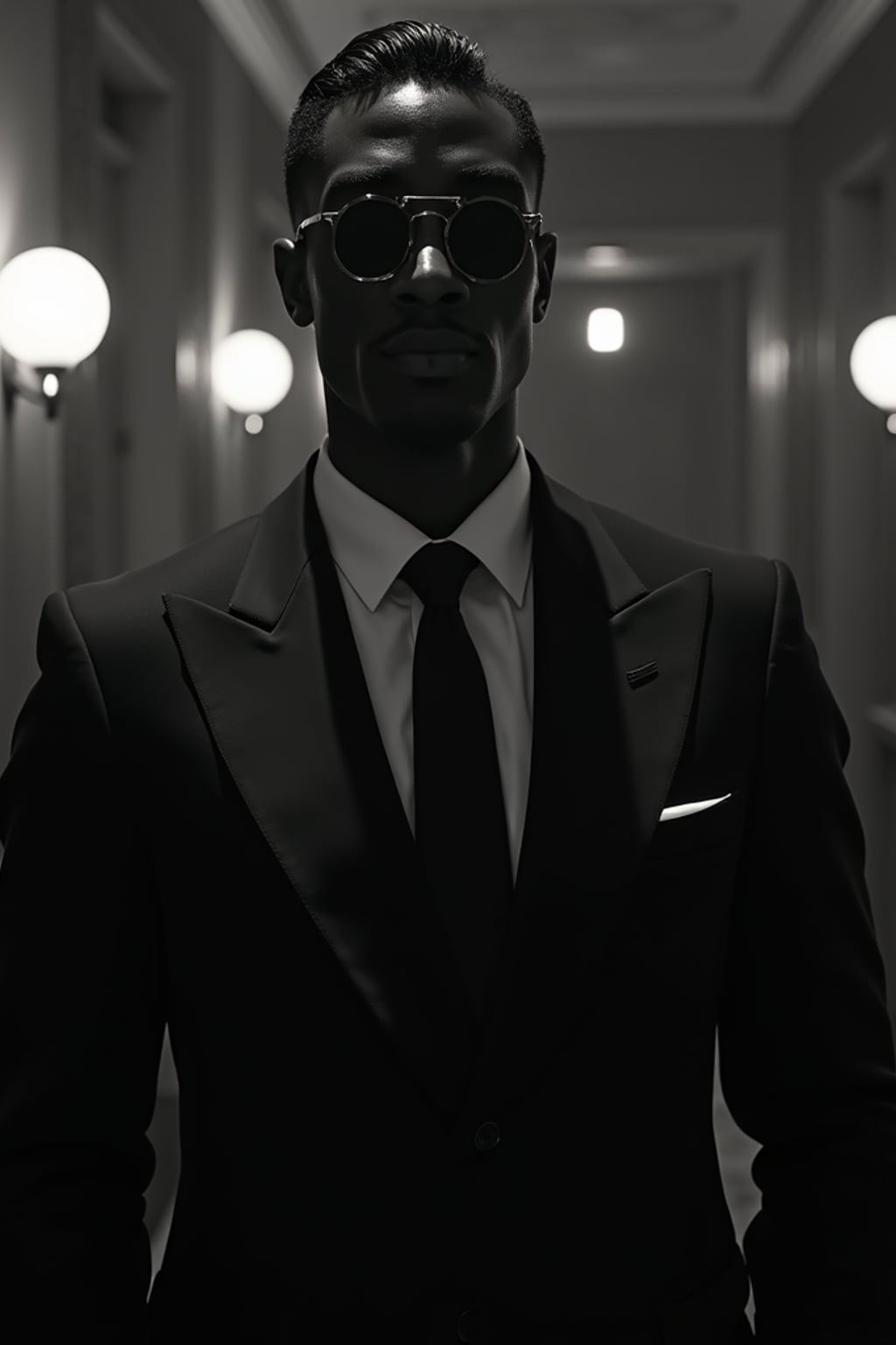 man as a glamorous 1950s noir  detective in a dimly lit film set, wearing  a sharp tailored suit with wide shoulders, sophisticated  slicked-back hair, dramatic lighting creating shadows, high-contrast black and white photography, art deco backdrop