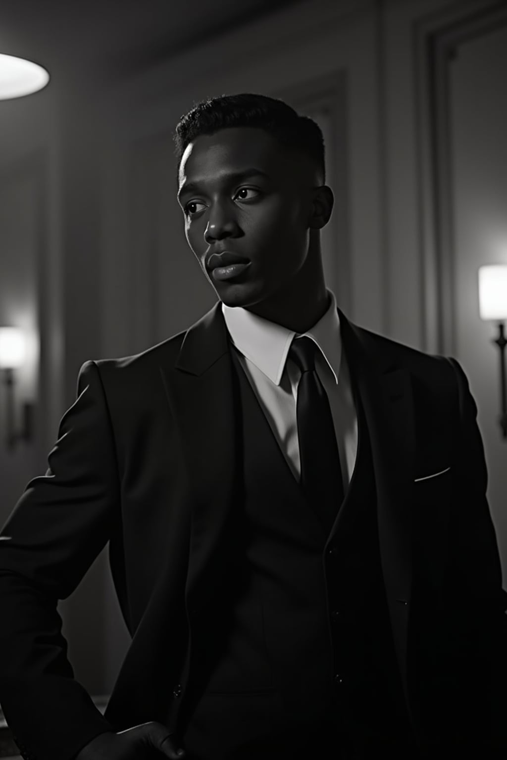 man as a glamorous 1950s noir  detective in a dimly lit film set, wearing  a sharp tailored suit with wide shoulders, sophisticated  slicked-back hair, dramatic lighting creating shadows, high-contrast black and white photography, art deco backdrop