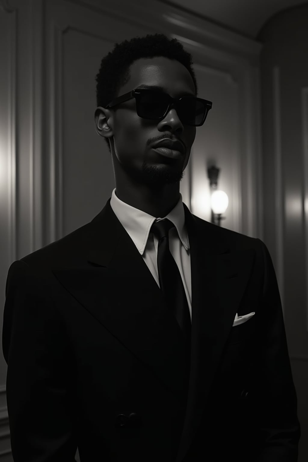 man as a glamorous 1950s noir  detective in a dimly lit film set, wearing  a sharp tailored suit with wide shoulders, sophisticated  slicked-back hair, dramatic lighting creating shadows, high-contrast black and white photography, art deco backdrop