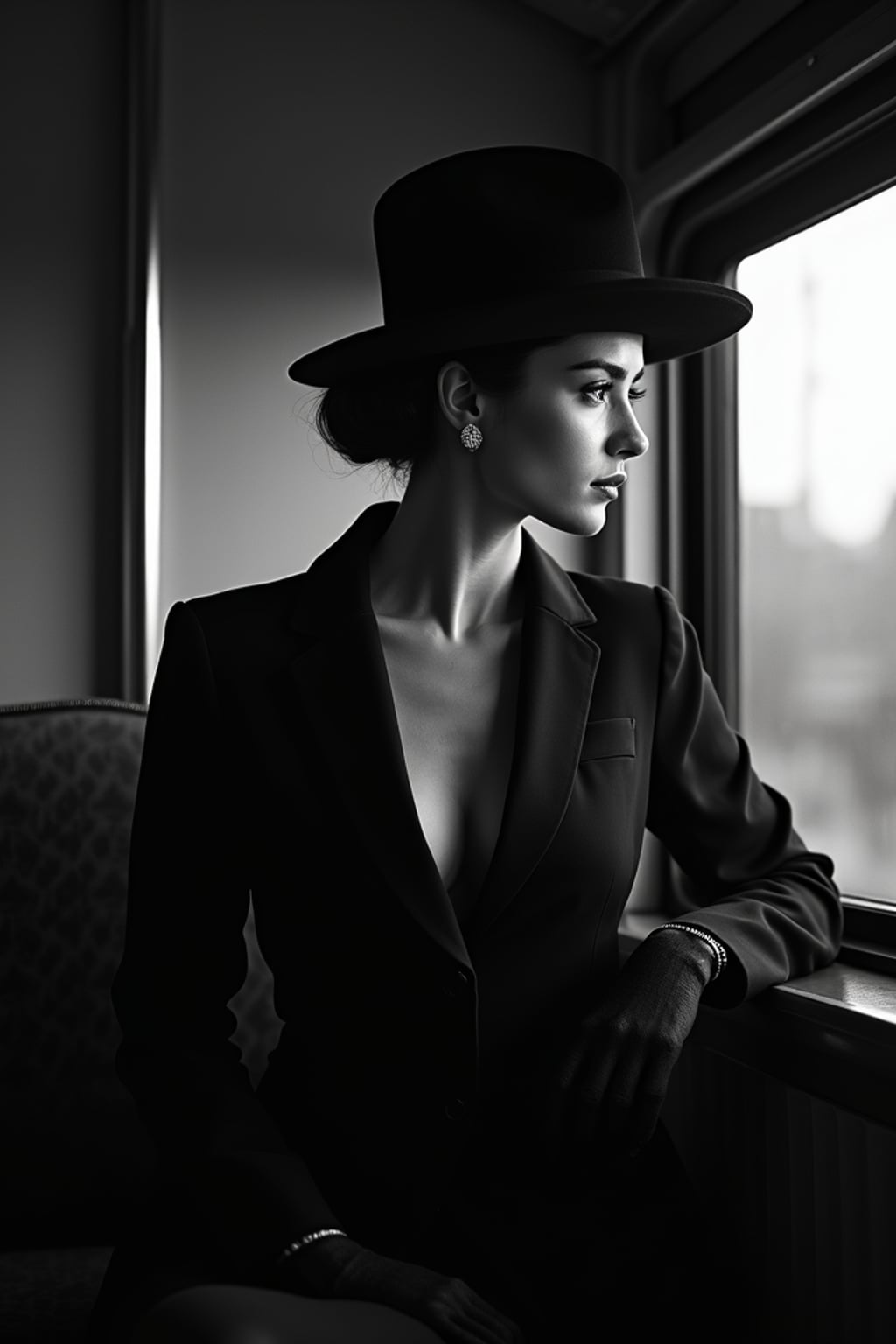 woman in a vintage train compartment, wearing an elegant traveling suit with hat , looking pensively out the window, dramatic shadows from passing lights, mysterious atmosphere, high-contrast black and white photography