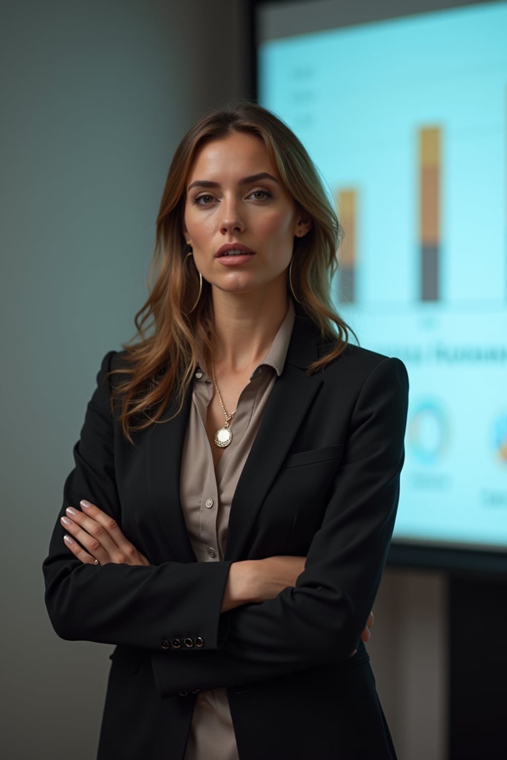dynamic woman dressed in  modern business attire with subtle accessories pitching to investors, presentation screen background, confident stance