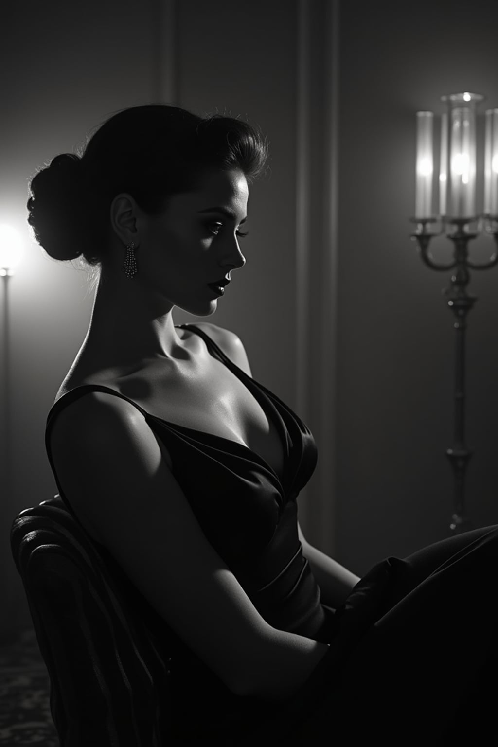 woman as a glamorous 1950s noir starlet  in a dimly lit film set, wearing a luxurious satin evening gown , sophisticated updo hairstyle , dramatic lighting creating shadows, high-contrast black and white photography, art deco backdrop