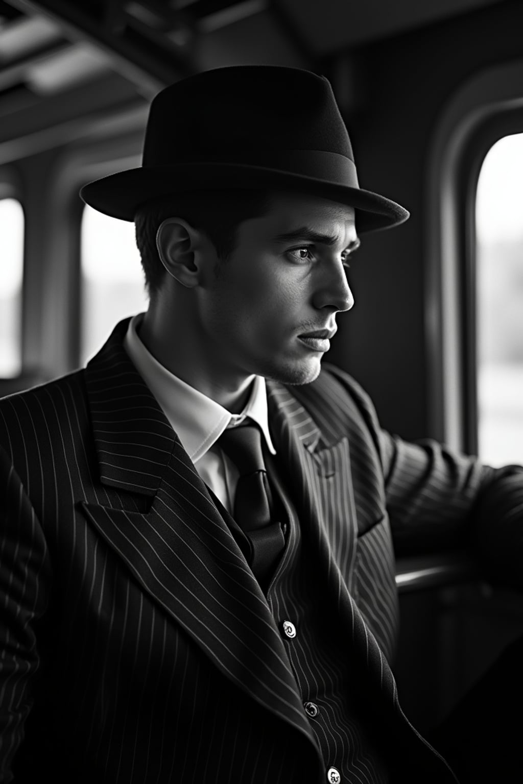 man in a vintage train compartment, wearing  a pinstriped suit with fedora, looking pensively out the window, dramatic shadows from passing lights, mysterious atmosphere, high-contrast black and white photography
