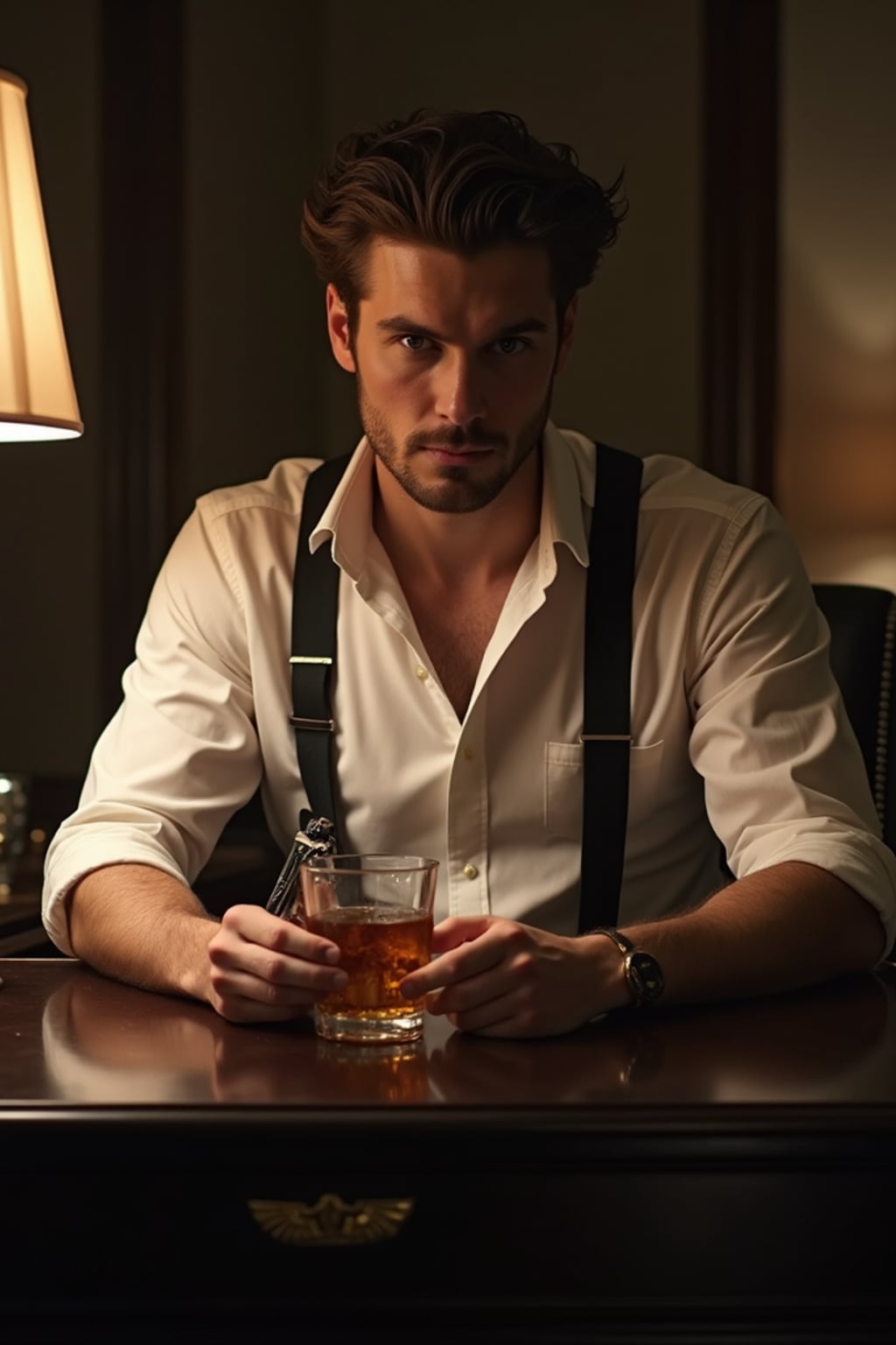 man in a luxurious  office setting, wearing  suspenders and rolled-up sleeves, sitting at vanity with  whiskey glass and revolver, dramatic lighting from a single lamp, film noir chiaroscuro effect