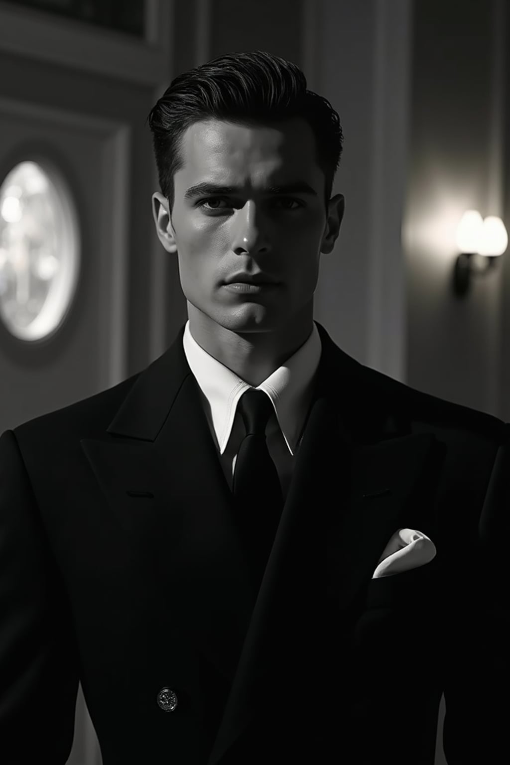 man as a glamorous 1950s noir  detective in a dimly lit film set, wearing  a sharp tailored suit with wide shoulders, sophisticated  slicked-back hair, dramatic lighting creating shadows, high-contrast black and white photography, art deco backdrop