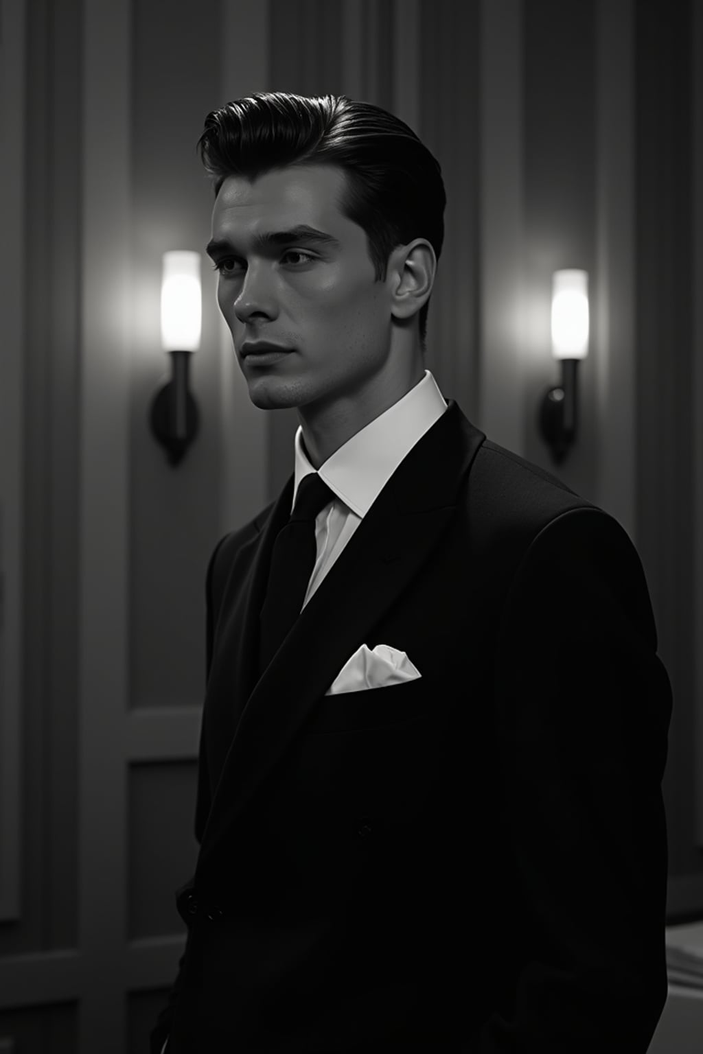 man as a glamorous 1950s noir  detective in a dimly lit film set, wearing  a sharp tailored suit with wide shoulders, sophisticated  slicked-back hair, dramatic lighting creating shadows, high-contrast black and white photography, art deco backdrop