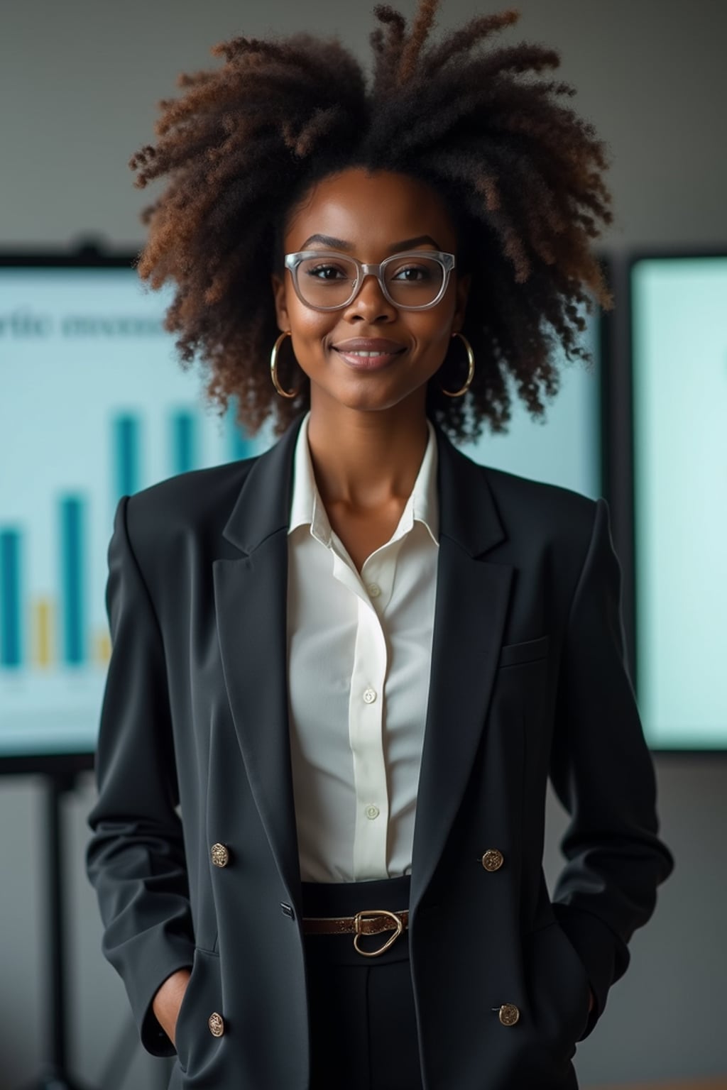 dynamic woman dressed in  modern business attire with subtle accessories pitching to investors, presentation screen background, confident stance
