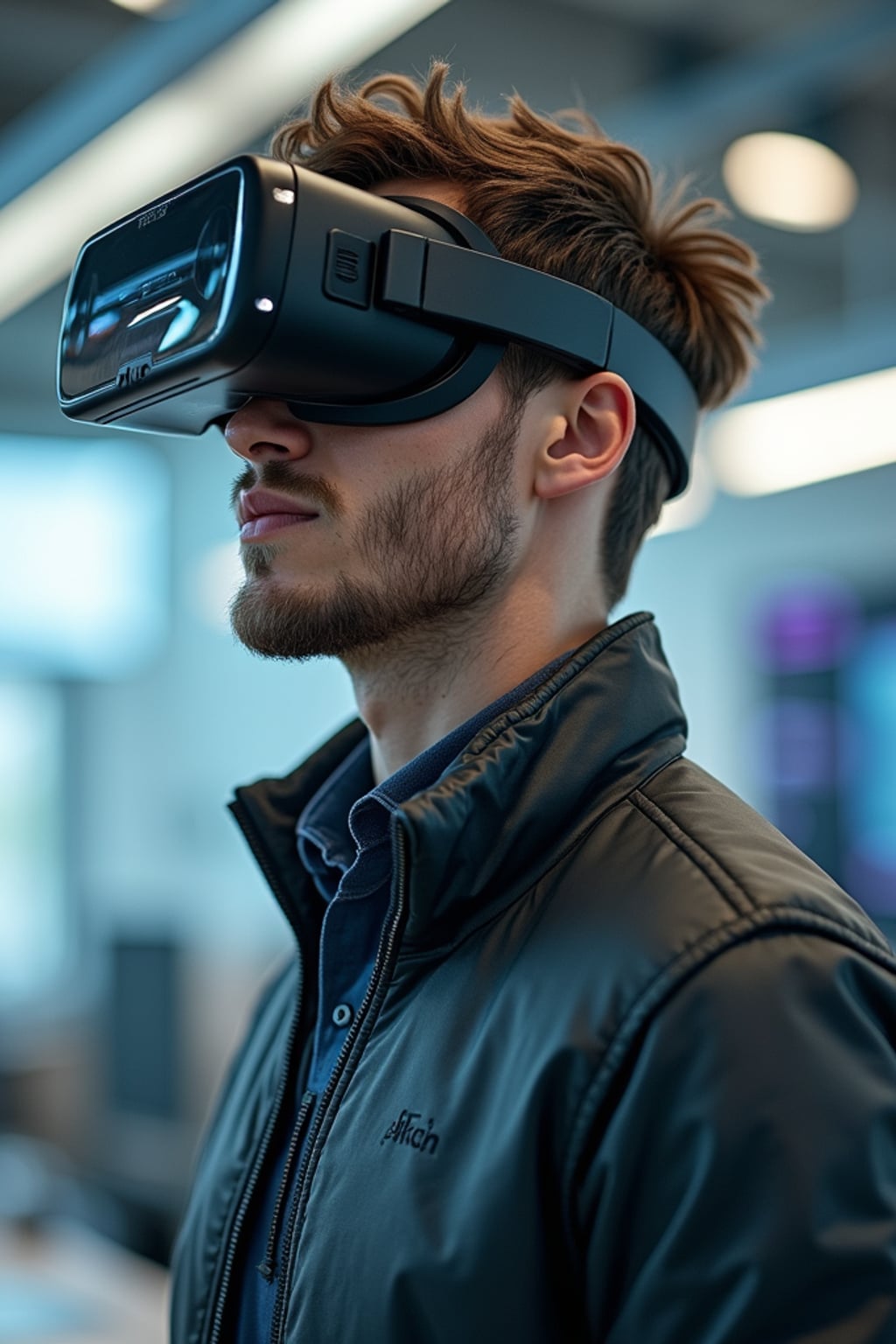 forward-thinking man dressed in innovative casual wear with tech accessories  with VR headset or futuristic technology, innovation lab setting