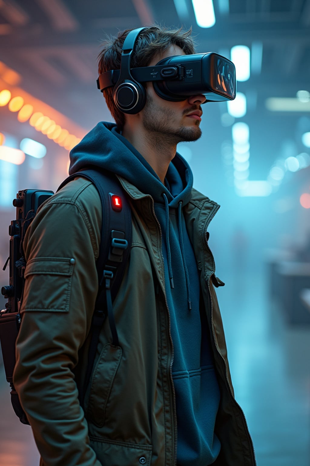 forward-thinking man dressed in innovative casual wear with tech accessories  with VR headset or futuristic technology, innovation lab setting