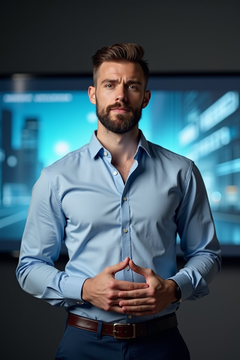 dynamic man dressed in contemporary button-up with no tie  pitching to investors, presentation screen background, confident stance