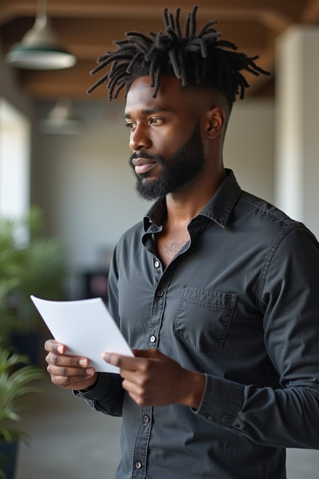 resilient man in relaxed business casual with quality basics  industrial loft office, working with team members