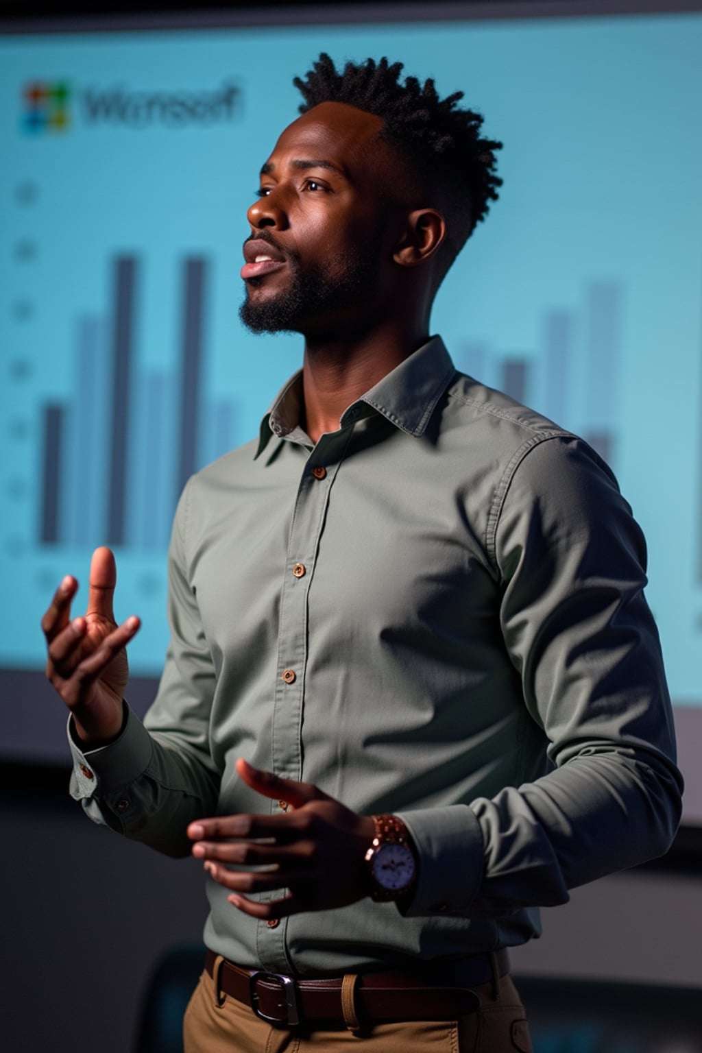 dynamic man dressed in contemporary button-up with no tie  pitching to investors, presentation screen background, confident stance