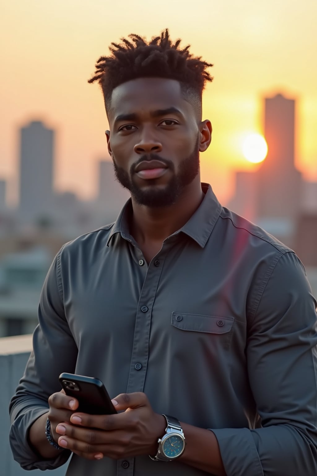 inspiring man wearing premium casual shirt with designer watch  with smartphone, urban rooftop meeting space, skyline background, sunset lighting