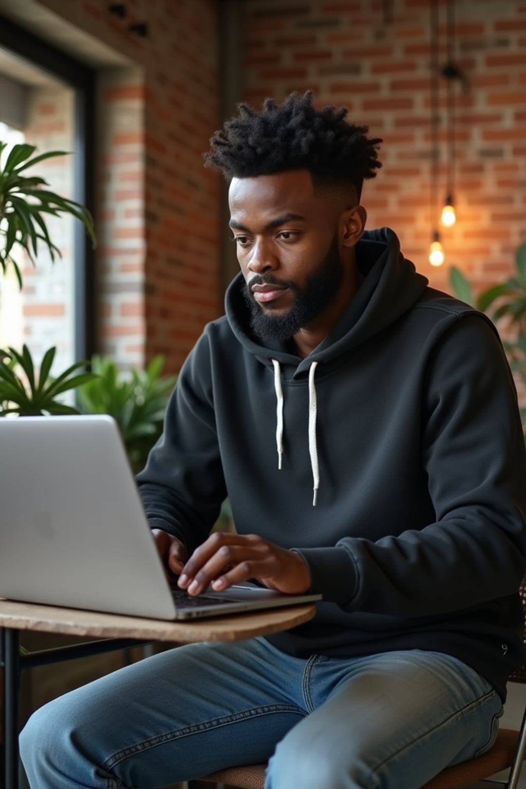 innovative man wearing designer hoodie with premium jeans  working on laptop in industrial-chic office, exposed brick walls, plants, warm lighting