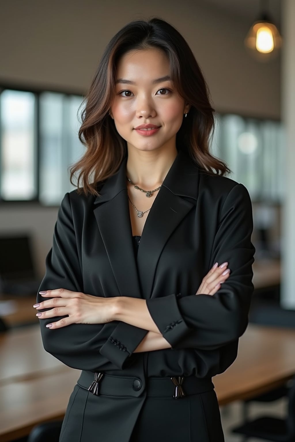 resilient woman in  comfortable yet polished professional attire industrial loft office, working with team members