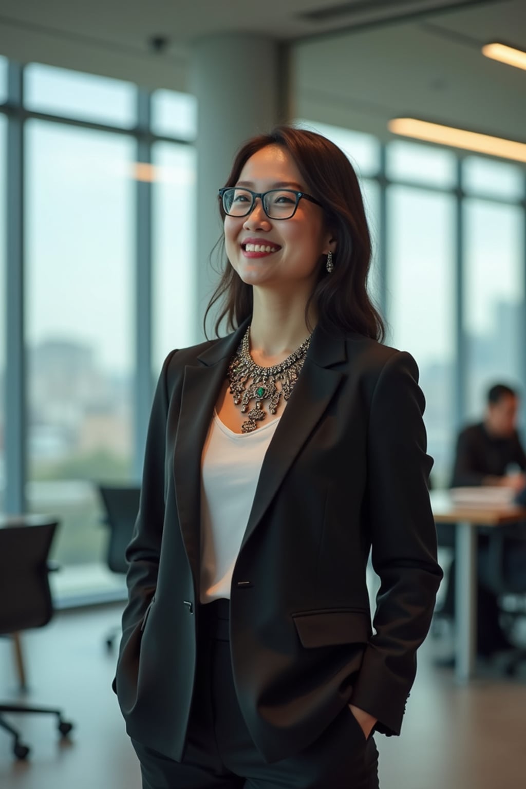 passionate woman in  modern blazer with statement necklace leading a team meeting, collaborative environment, glass walls, city view