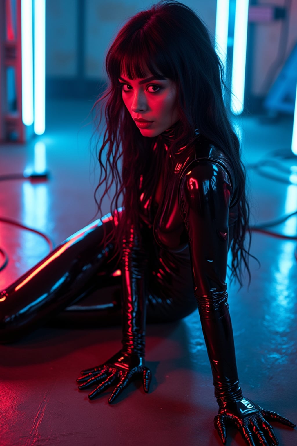 Model in futuristic sci-fi latex glossy bodysuit illuminated by moody neon lighting. floor scattered with glowing cables and high-tech props. The scene evokes a gritty cyberpunk world with dark ambiance and electric colors, as her intense gaze pierces through the shadows.