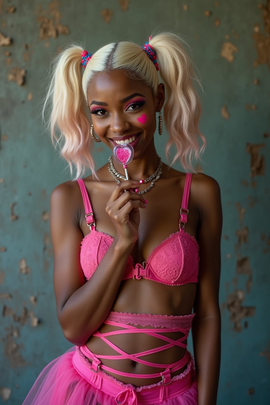 Model styled in pink playful villain-inspired look with bold, mismatched styling, strappy lingerie, platinum blonde pigtails with pink and blue tips. Holding a lollipop with a mischievous grin, her bold eye makeup and heart tattoo beneath one eye pop against her skin. Standing confidently against a moody, textured vintage wall, the lighting enhances her rebellious attitude.