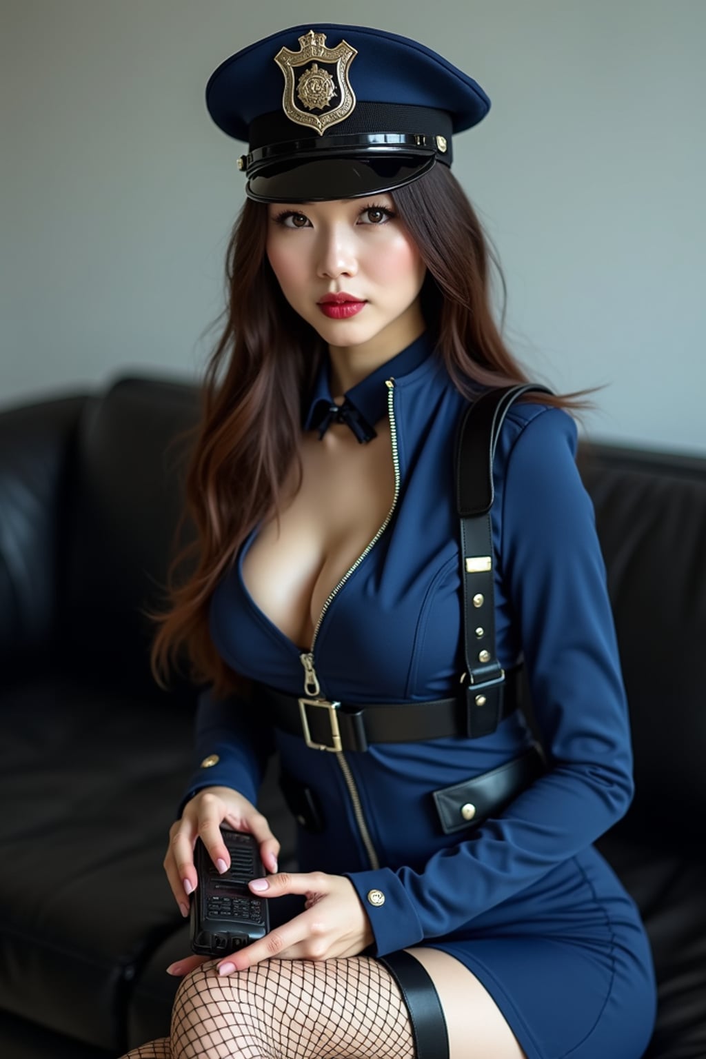 woman dressed in a provocative midnight blue police-style outfit with zipper front, black tactical harness, and a patent leather hat with a metallic glossy badge. She wears fishnet stockings and thigh straps, holding a handheld radio. The background is a minimalist modern room with a black couch, enhancing the playful, uniformed fantasy aesthetic.