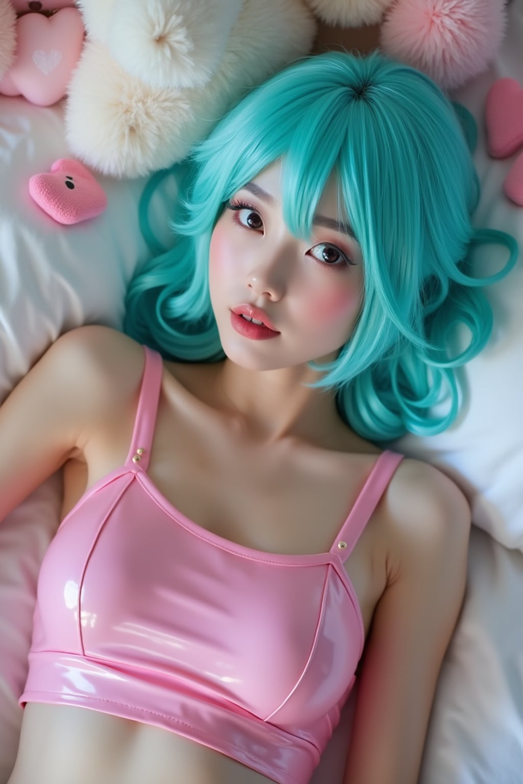 Vibrant cosplay scene of woman dressed as a flirty anime character, featuring a bright turquoise wig and a tight pink glossy crop top. She lies on white sheets with a sultry expression, surrounded by plushies and scattered pastel accessories. The soft bedroom lighting creates a dreamy, intimate glow, perfect for a playful anime aesthetic.