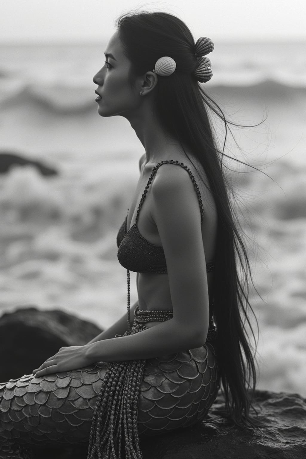 black and white 35mm film of woman as a 1920s silent film mermaid on rocky shore, wearing scaled costume with shell accessories, melancholic expression gazing at sea , theatrical waves, black and white with dreamy soft focus, fantasy ocean backdrop