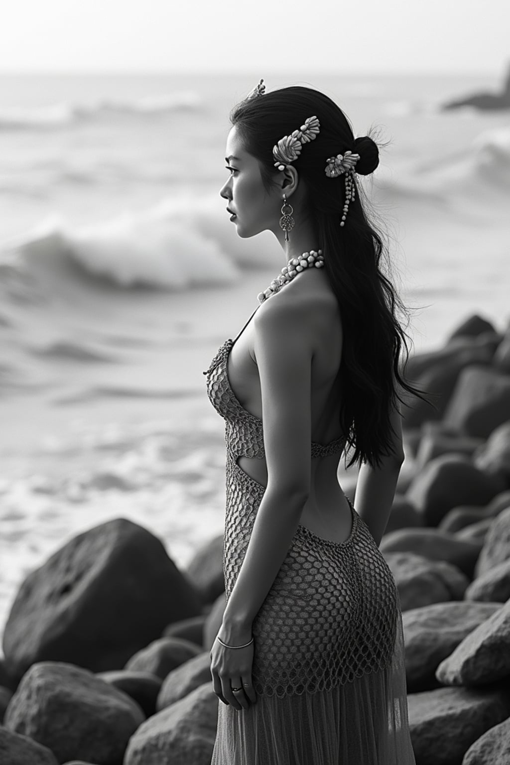 black and white 35mm film of woman as a 1920s silent film mermaid on rocky shore, wearing scaled costume with shell accessories, melancholic expression gazing at sea , theatrical waves, black and white with dreamy soft focus, fantasy ocean backdrop