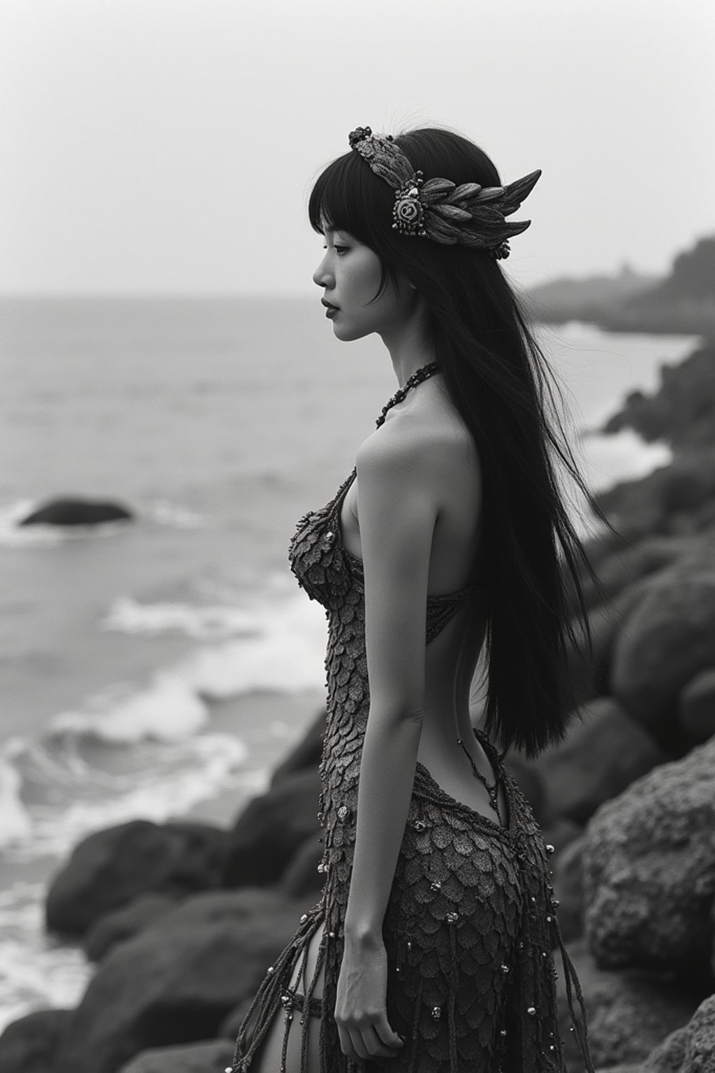black and white 35mm film of woman as a 1920s silent film mermaid on rocky shore, wearing scaled costume with shell accessories, melancholic expression gazing at sea , theatrical waves, black and white with dreamy soft focus, fantasy ocean backdrop