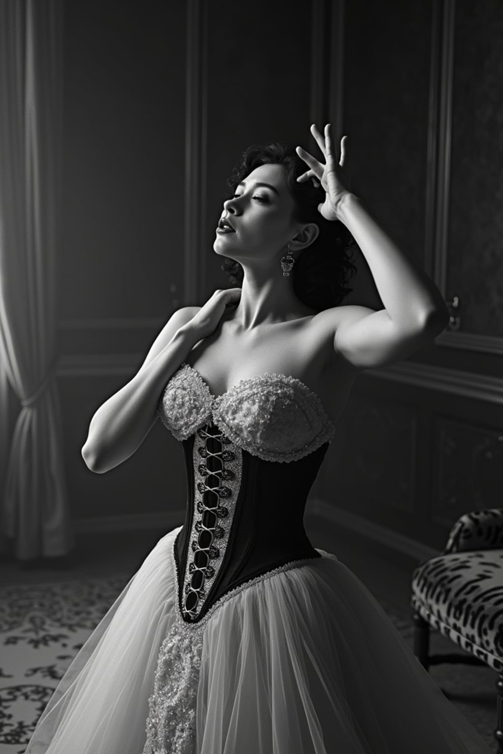 black and white 35mm film of woman as a 1920s silent film aristocrat in distress, wearing an elaborate Victorian dress with corset, fainting dramatically with hand to forehead , theatrical staging, black and white with flickering film effect, opulent mansion interior