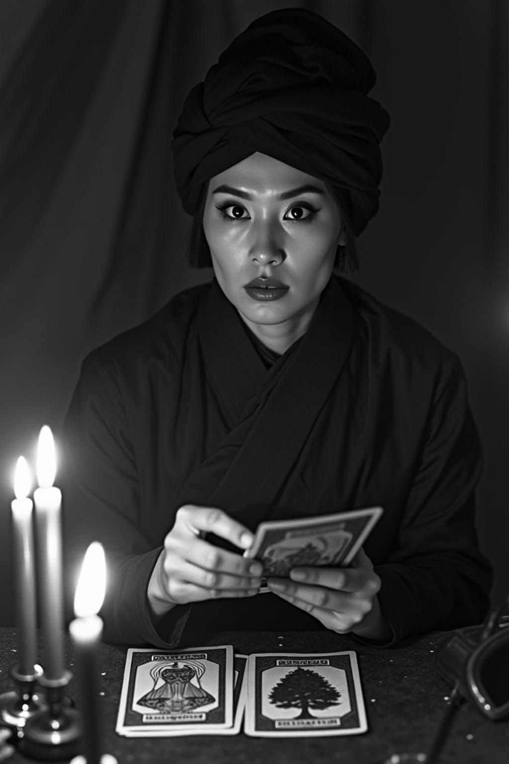 black and white 35mm film of woman as a 1920s silent film medium reading tarot cards, wearing mystical robes with turban, intense hypnotic stare , candles creating dramatic shadows, black and white with smoky vignette effect, fortune teller's tent setting
