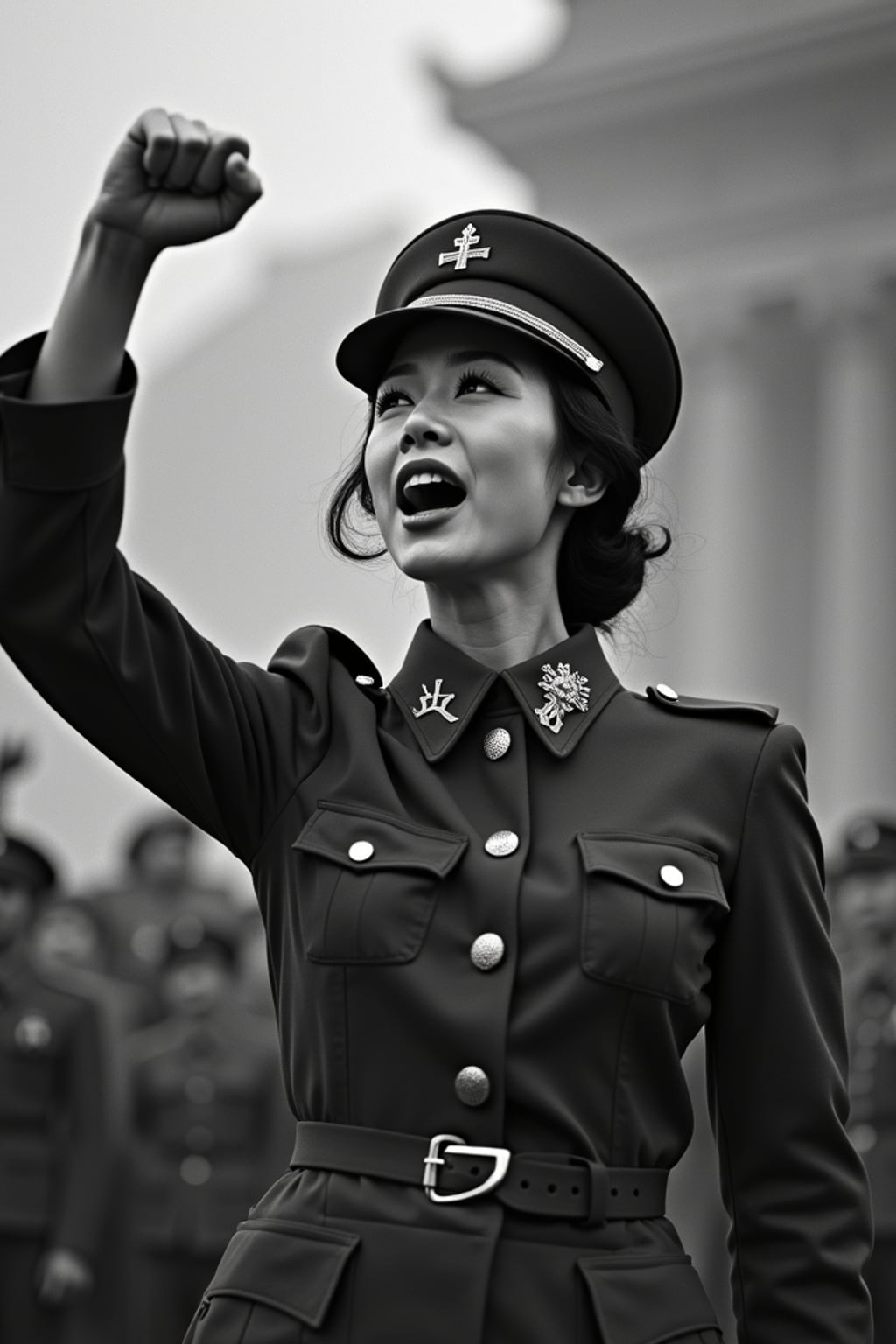 black and white 35mm film of woman as a 1920s silent film revolutionary leader addressing a crowd, wearing a military-inspired outfit with cap, passionate expression with raised fist , dramatic low angle shot, black and white with vintage film grain, propaganda poster aesthetic