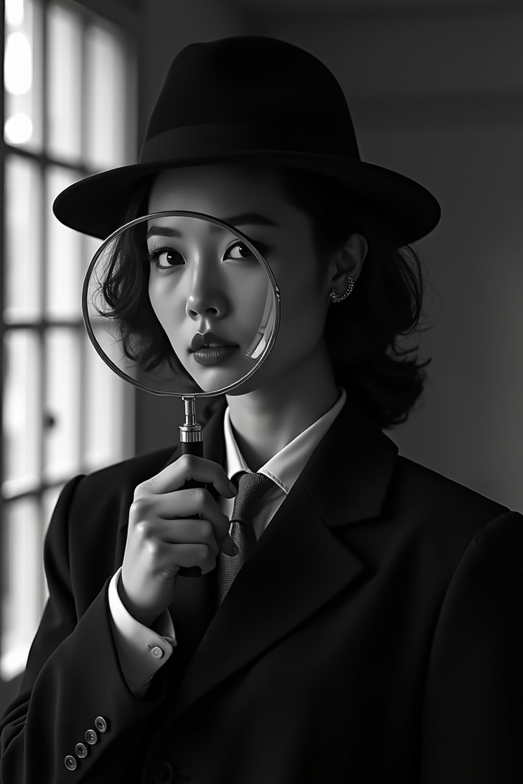 black and white 35mm film of woman as a 1920s silent film detective with magnifying glass, wearing a tailored suit with feminine details, exaggerated suspicious expression , dramatic shadows, black and white with film scratches, mysterious crime scene setting