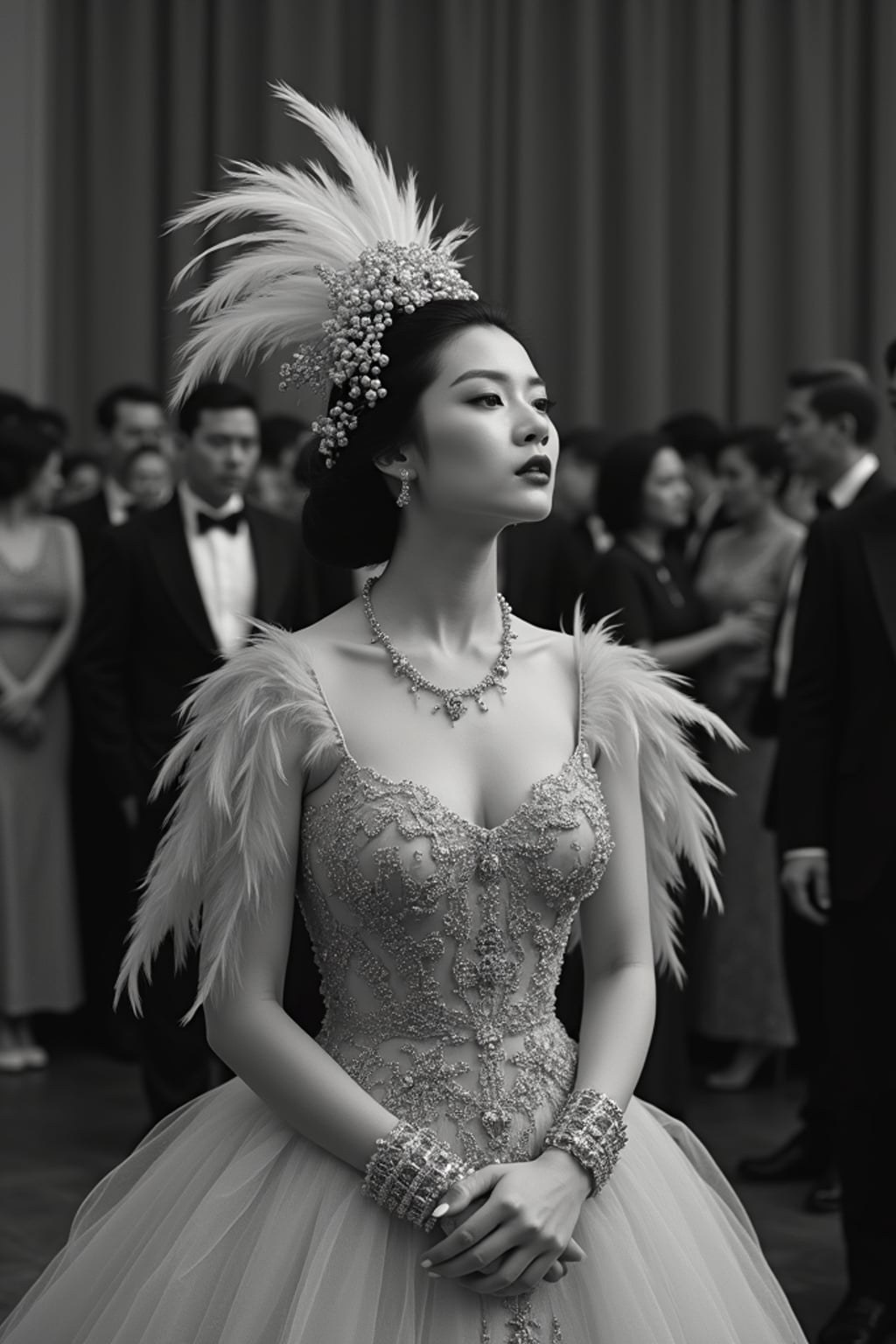 black and white 35mm film of woman as a 1920s silent film society lady at a grand ball, wearing an elaborate beaded gown with feather headpiece, exaggerated haughty expression , theatrical pose, black and white with iris vignette effect, ballroom setting