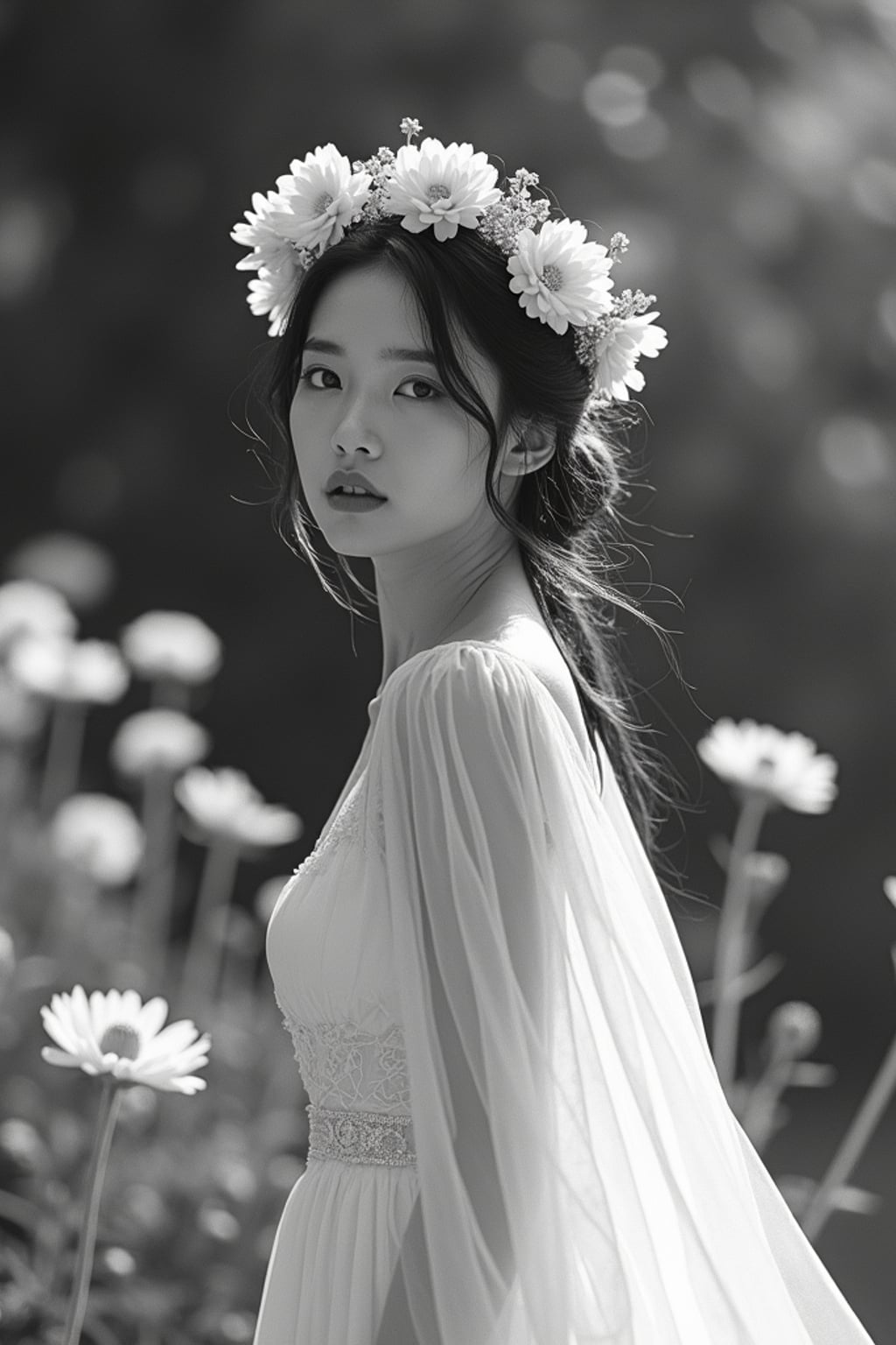 black and white 35mm film of woman as a romantic lead in a silent film, wearing a flowing white dress with flower crown, dreamy expression looking off-camera , soft focus effect, black and white with vintage film scratches, garden setting with flowers