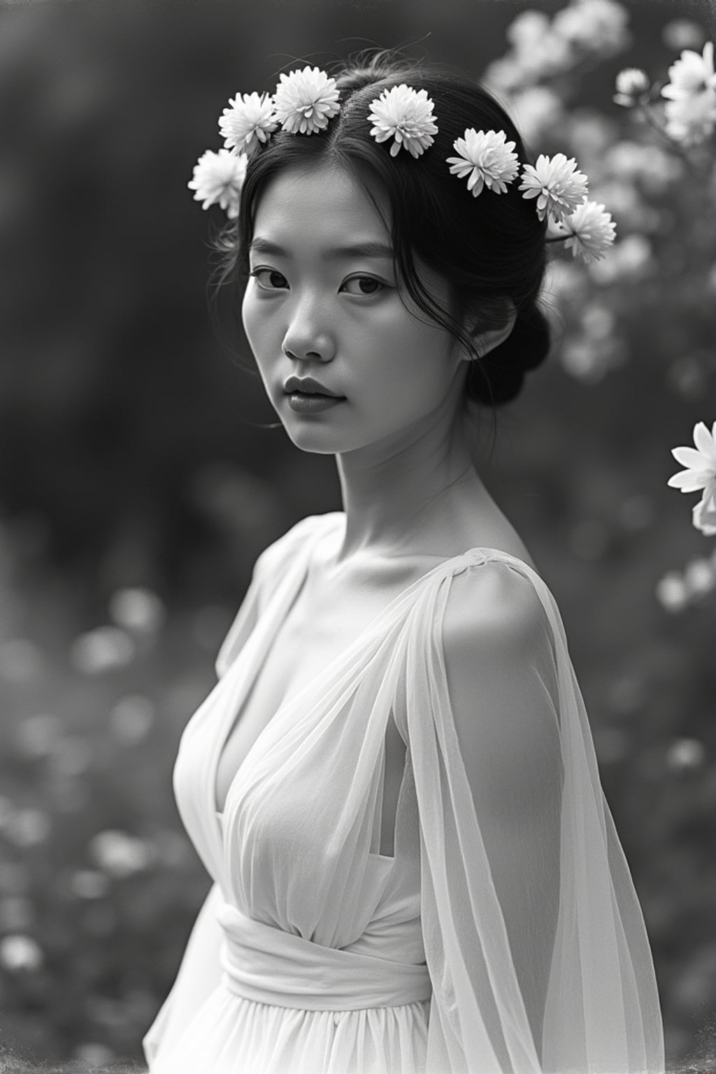 black and white 35mm film of woman as a romantic lead in a silent film, wearing a flowing white dress with flower crown, dreamy expression looking off-camera , soft focus effect, black and white with vintage film scratches, garden setting with flowers