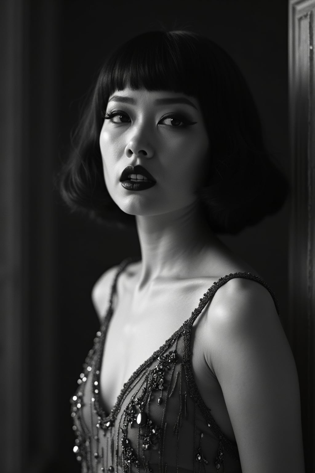 black and white 35mm film of woman as a 1920s silent film starlet with exaggerated dramatic expression, wearing a flapper dress with beaded details, dramatic makeup with dark lips and defined eyes , high-contrast black and white photography, vintage film grain, art deco set design