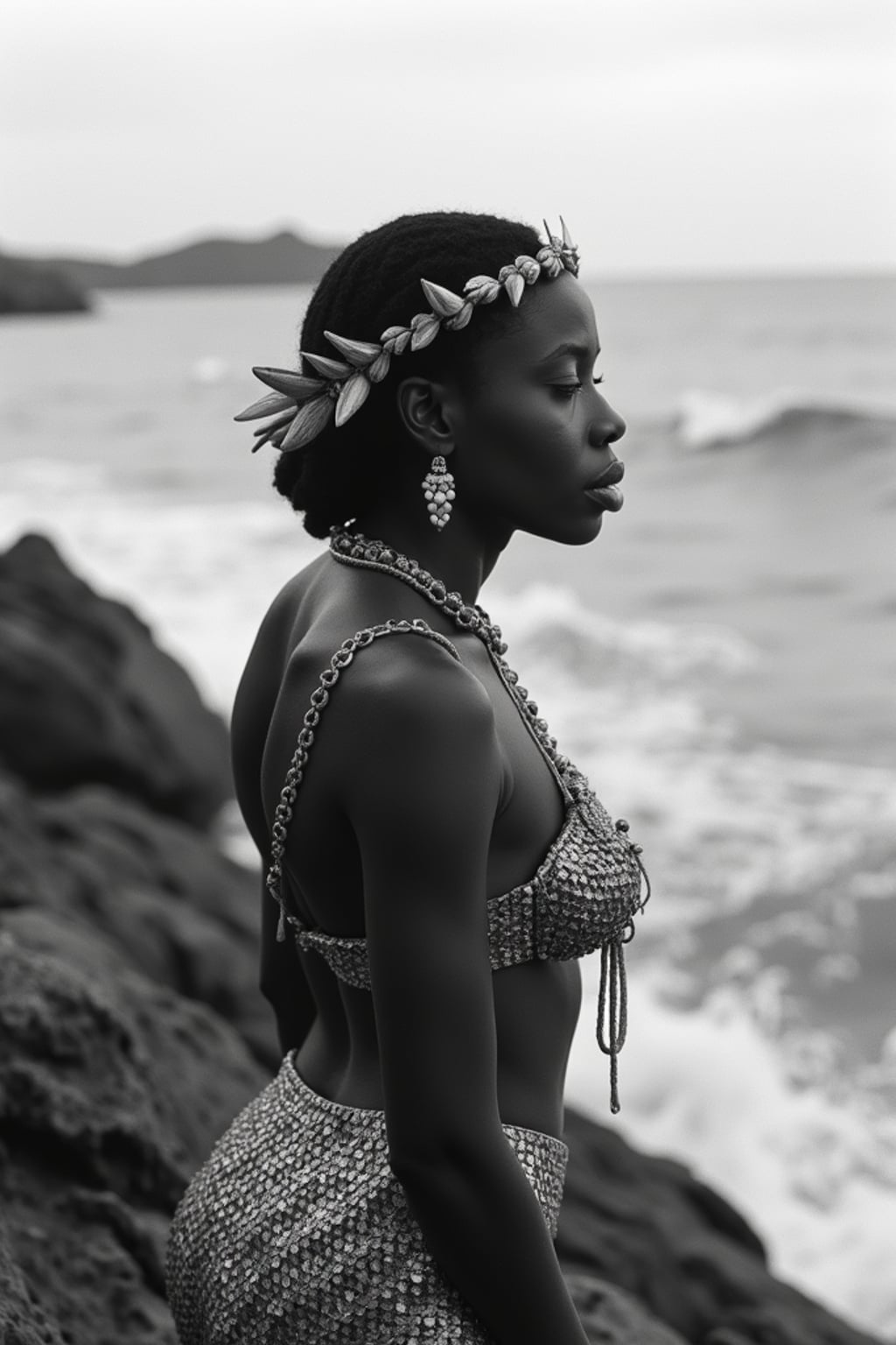black and white 35mm film of woman as a 1920s silent film mermaid on rocky shore, wearing scaled costume with shell accessories, melancholic expression gazing at sea , theatrical waves, black and white with dreamy soft focus, fantasy ocean backdrop