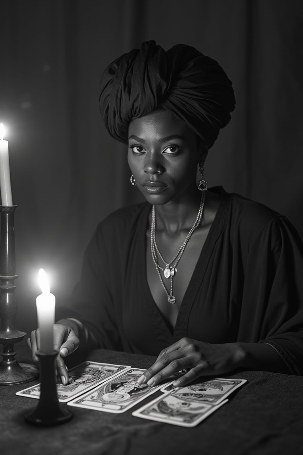 black and white 35mm film of woman as a 1920s silent film medium reading tarot cards, wearing mystical robes with turban, intense hypnotic stare , candles creating dramatic shadows, black and white with smoky vignette effect, fortune teller's tent setting
