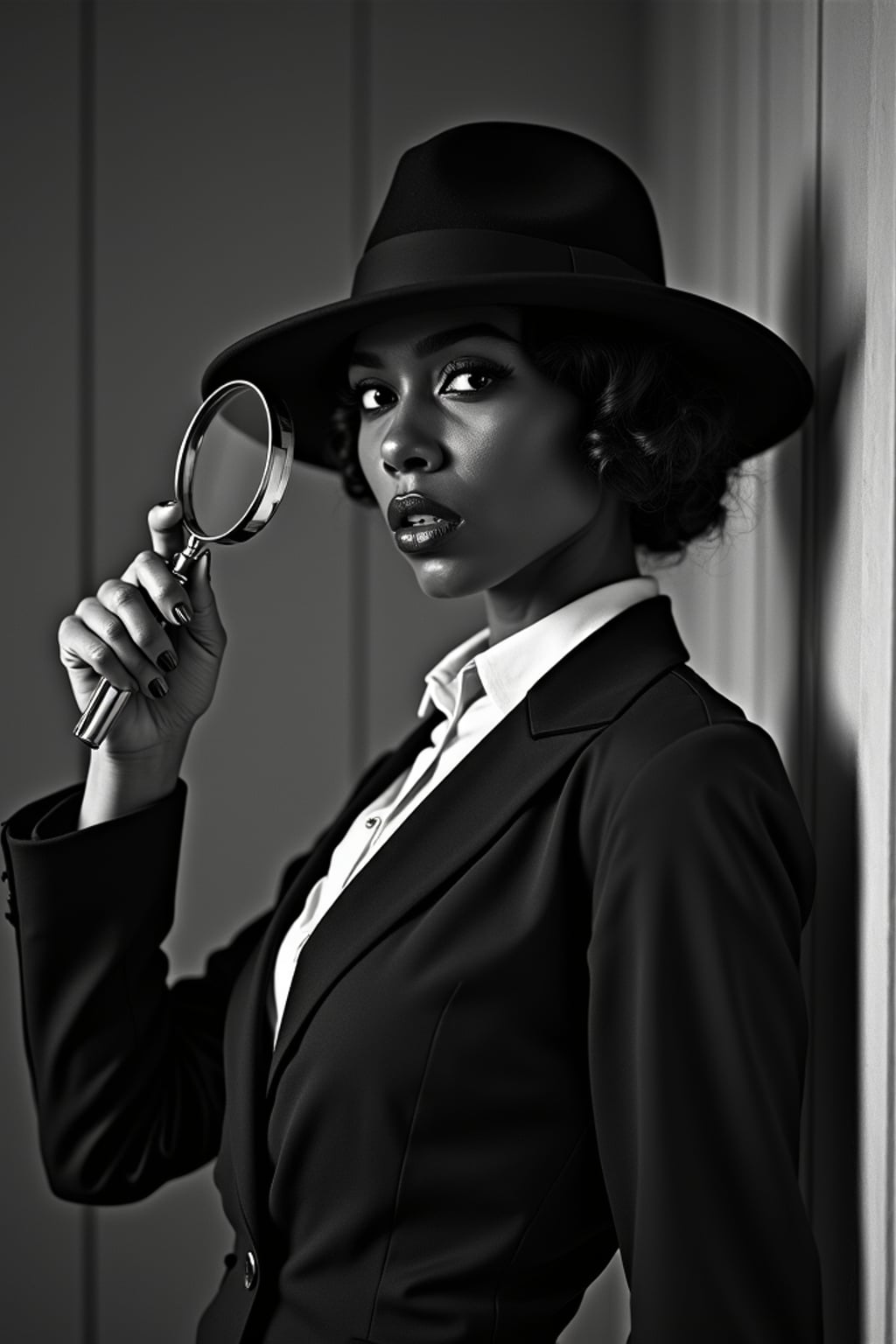 black and white 35mm film of woman as a 1920s silent film detective with magnifying glass, wearing a tailored suit with feminine details, exaggerated suspicious expression , dramatic shadows, black and white with film scratches, mysterious crime scene setting