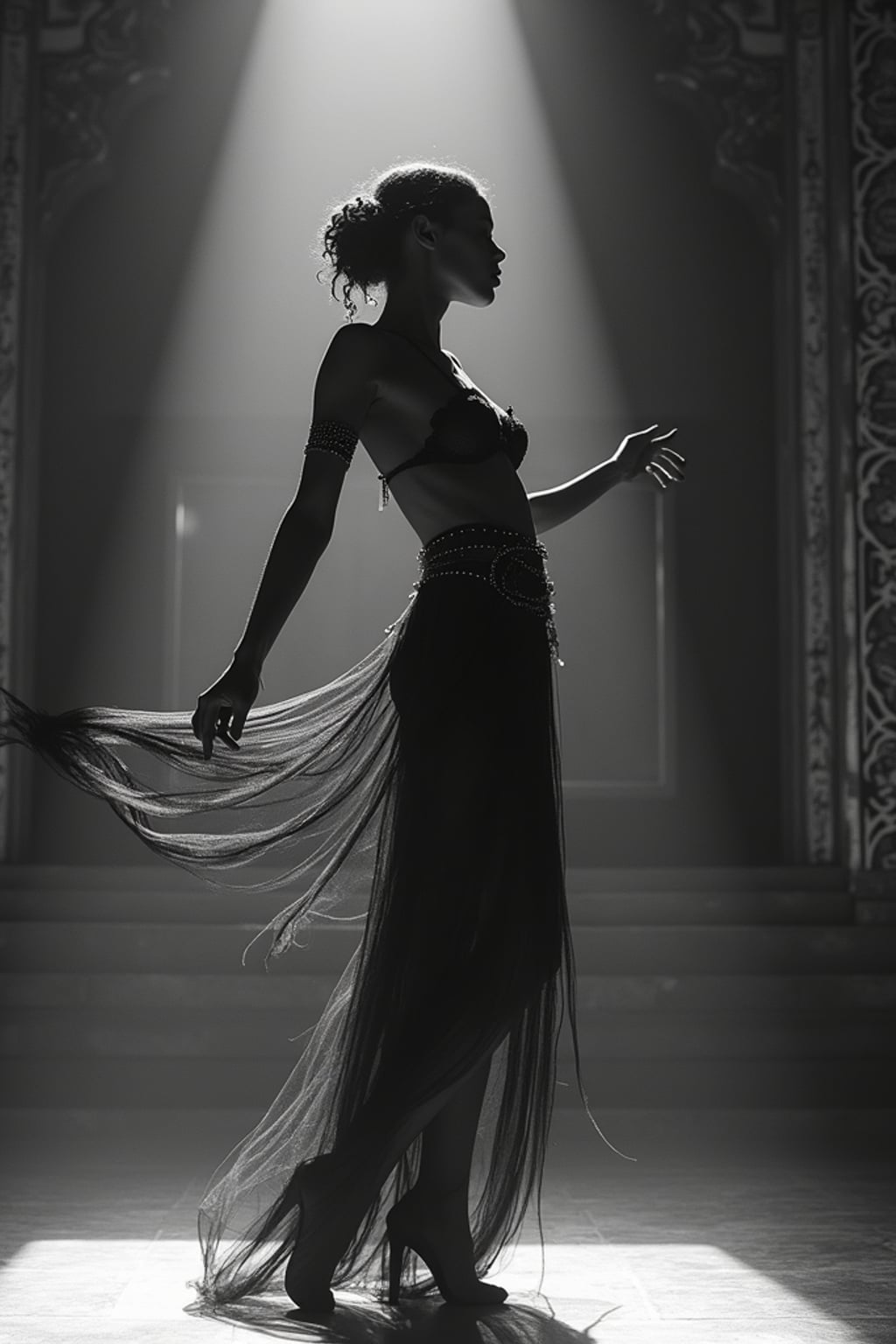 black and white 35mm film of woman as a 1920s silent film dancer in an exotic costume, performing an interpretive dance, exaggerated graceful pose , theatrical lighting, black and white with vintage film scratches, elaborate temple set design