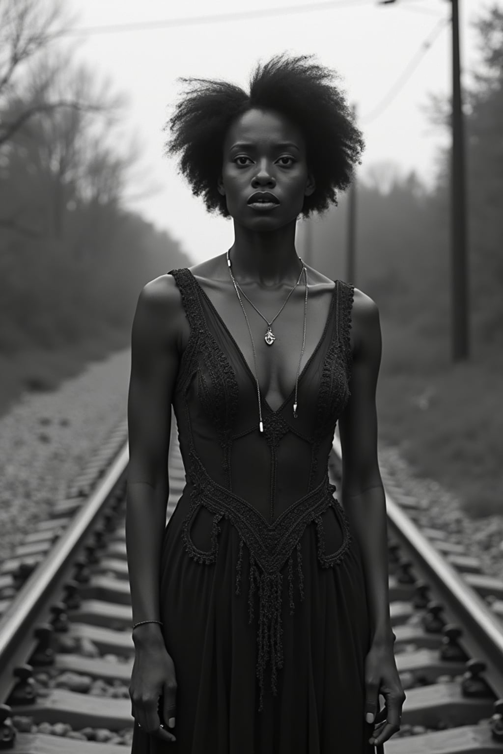 black and white 35mm film of woman as a 1920s silent film damsel on railroad tracks, wearing a Victorian-inspired dress, exaggerated fearful expression , melodramatic pose, vignette effect, black and white with silent film aesthetic, title card nearby