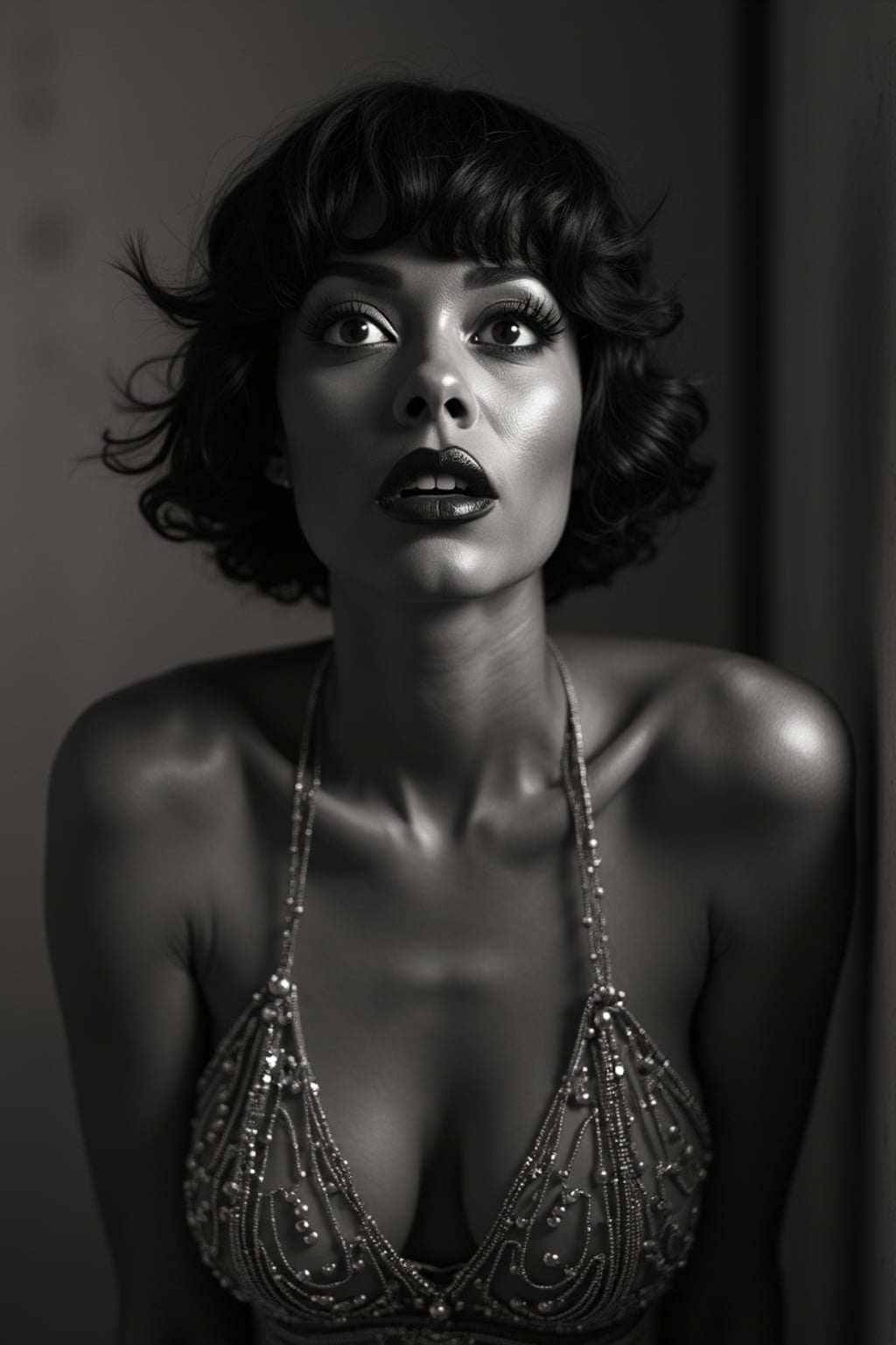 black and white 35mm film of woman as a 1920s silent film starlet with exaggerated dramatic expression, wearing a flapper dress with beaded details, dramatic makeup with dark lips and defined eyes , high-contrast black and white photography, vintage film grain, art deco set design