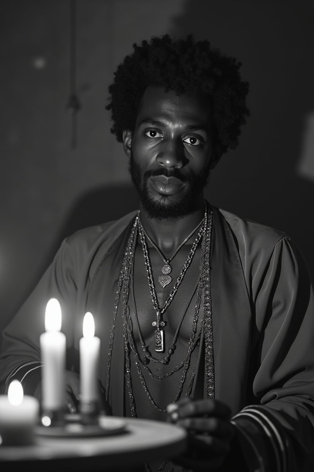 black and white 35mm film of man as a 1920s silent film  mystic performing a séance, wearing ornate robes with amulet, intense hypnotic stare, candles creating dramatic shadows, black and white with smoky vignette effect, fortune teller's tent setting