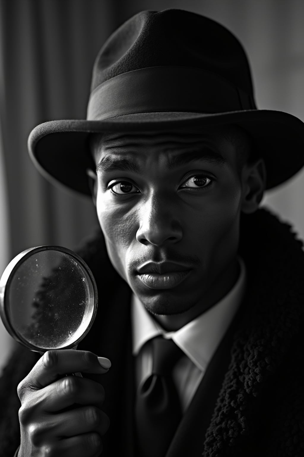 black and white 35mm film of man as a 1920s silent film  sleuth with magnifying glass, wearing a deerstalker hat and cape, exaggerated suspicious expression, dramatic shadows, black and white with film scratches, mysterious crime scene setting